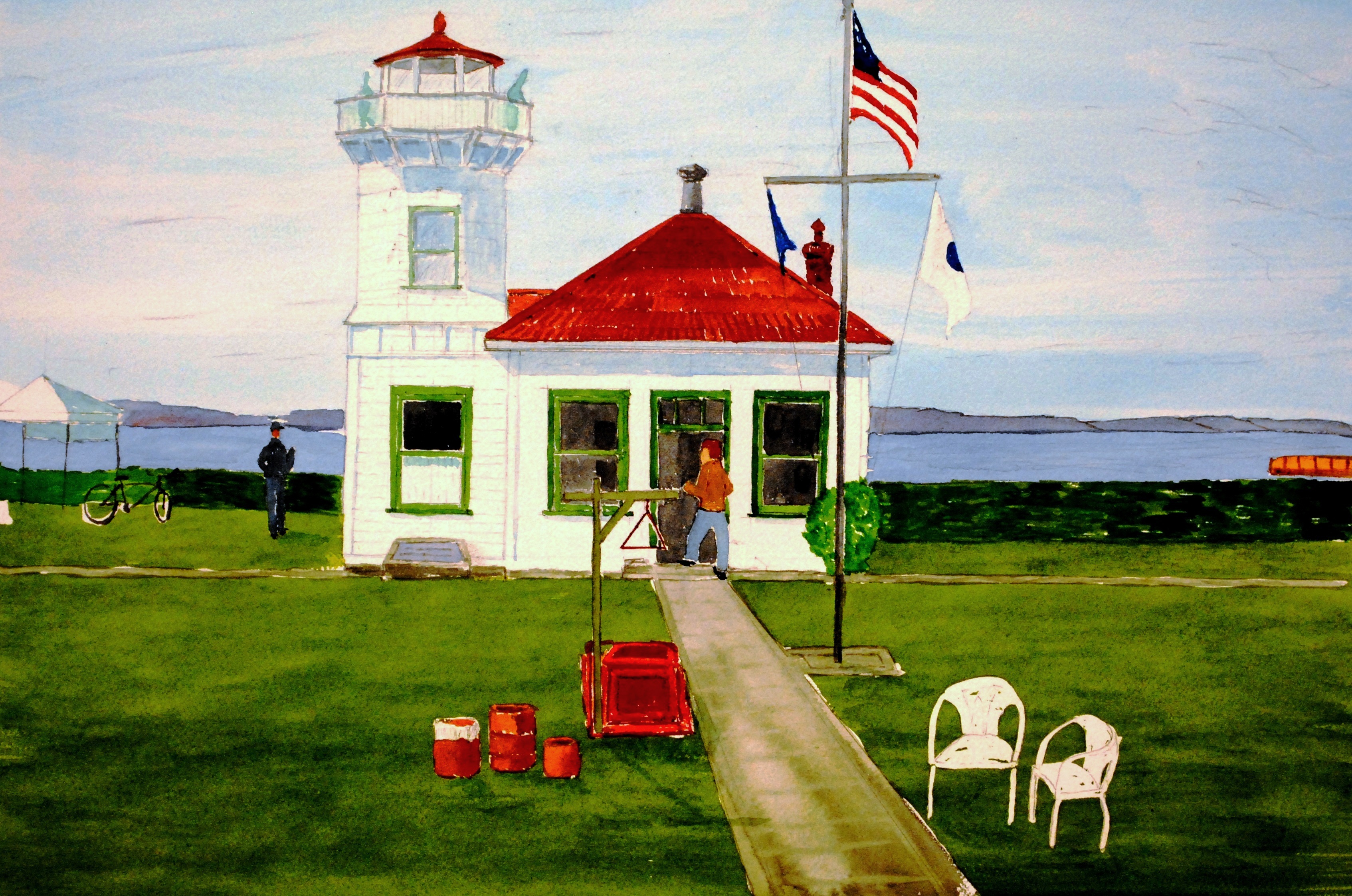 Watercolor of the Mukilteo Lighthouse with a red roof, American flag, and visitors on the grounds overlooking Puget Sound